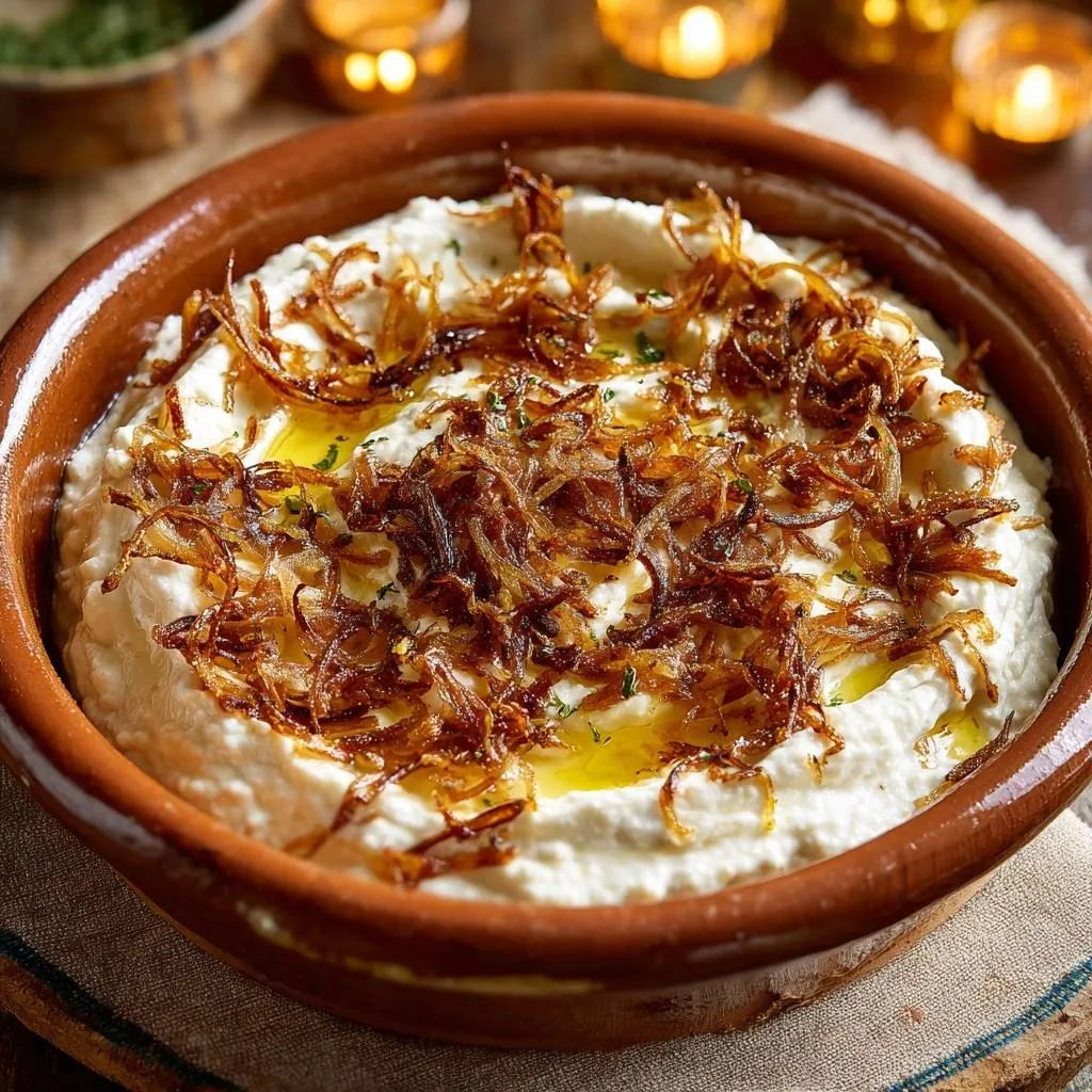 Creamy labneh topped with a generous portion of golden crispy fried onions, drizzled with olive oil.