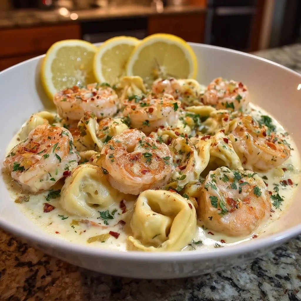 Creamy lemon shrimp tortellini served in a white bowl with lemon slices, garnished with parsley and chili flakes.