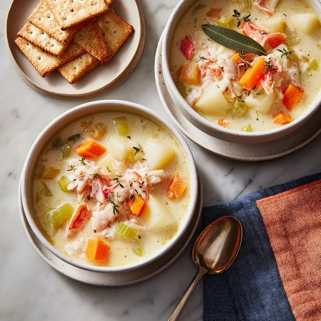 Creamy lobster chowder with tender juicy chunks served in two bowls with crackers on the side.