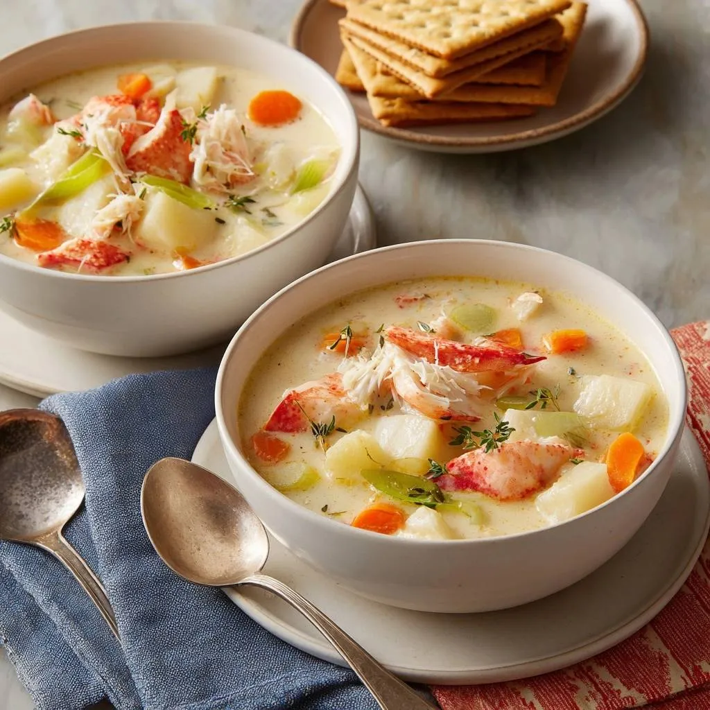 Creamy lobster chowder with tender juicy chunks served in two white bowls with spoons and crackers.