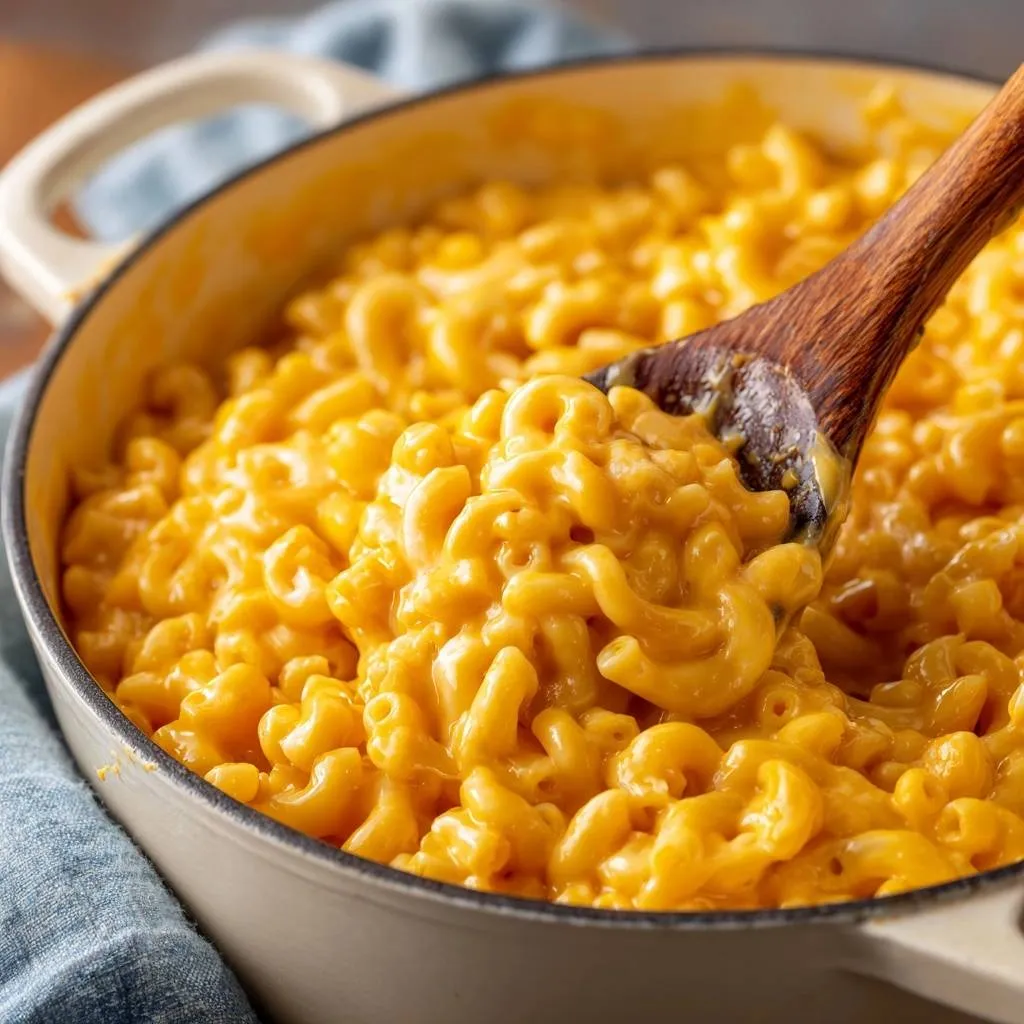 Creamy stovetop mac and cheese without grainy texture, with a wooden spoon lifting a cheesy spoonful.