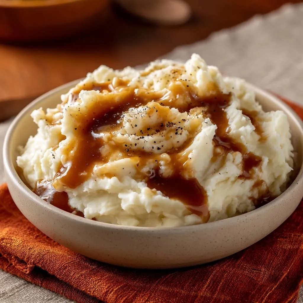 Creamy mashed potatoes with rich gravy drizzled on top, served in a close-up view of a bowl.