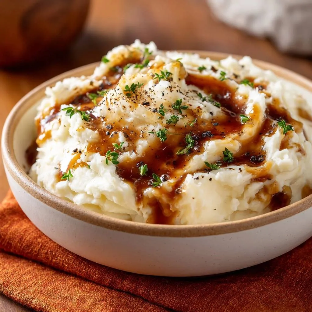 Creamy mashed potatoes with rich gravy, garnished with fresh thyme and black pepper, shown in a close-up detail shot.