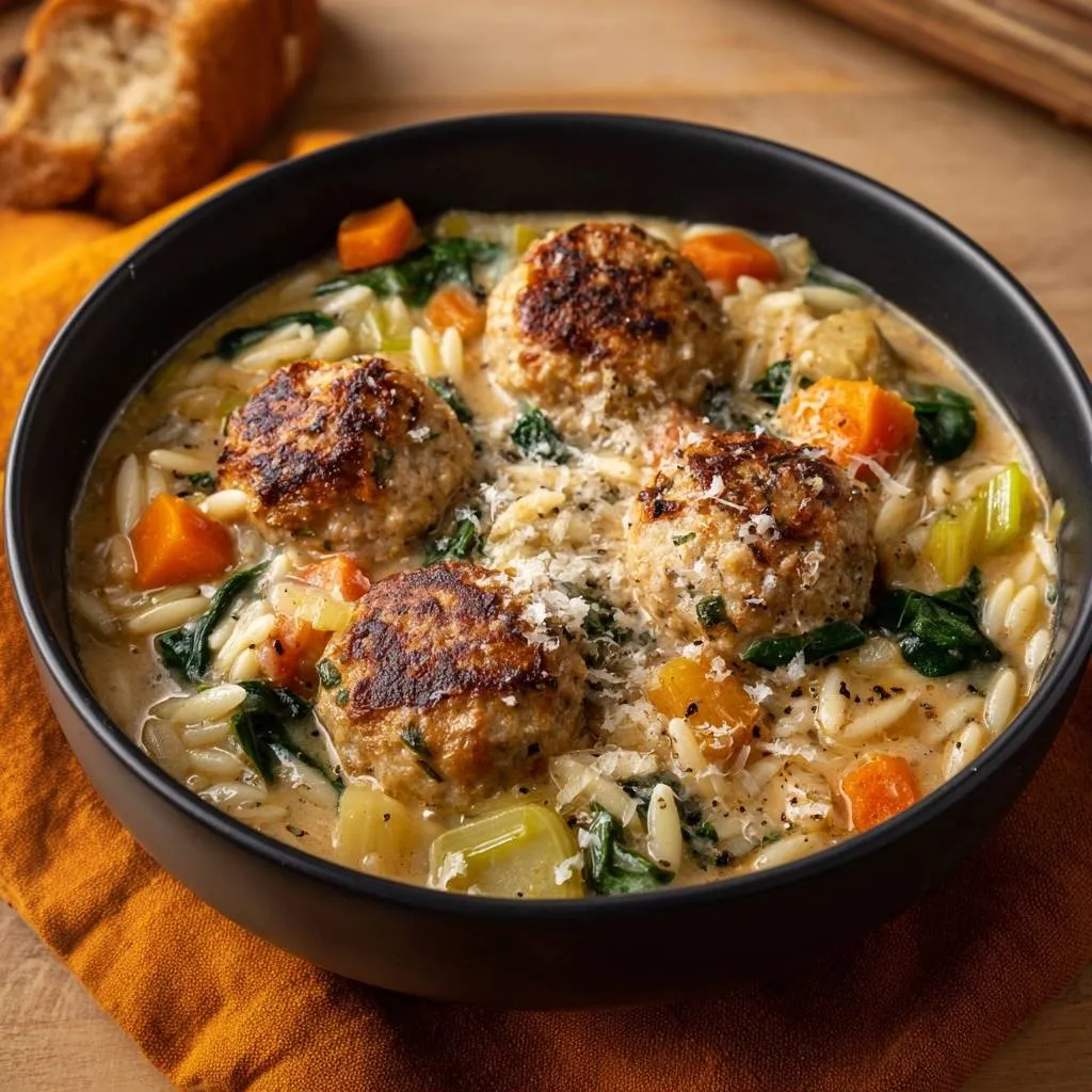 Creamy meatball orzo soup served in a black bowl with visible meatballs, vegetables, and orzo pasta.