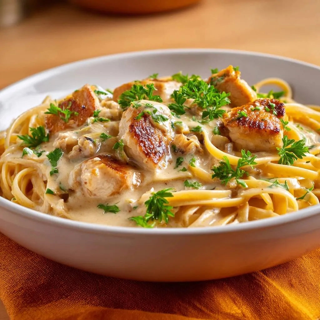 Creamy mushroom chicken pasta served in a white bowl, a close-up view showing tender pasta and chicken with fresh parsley garnish.
