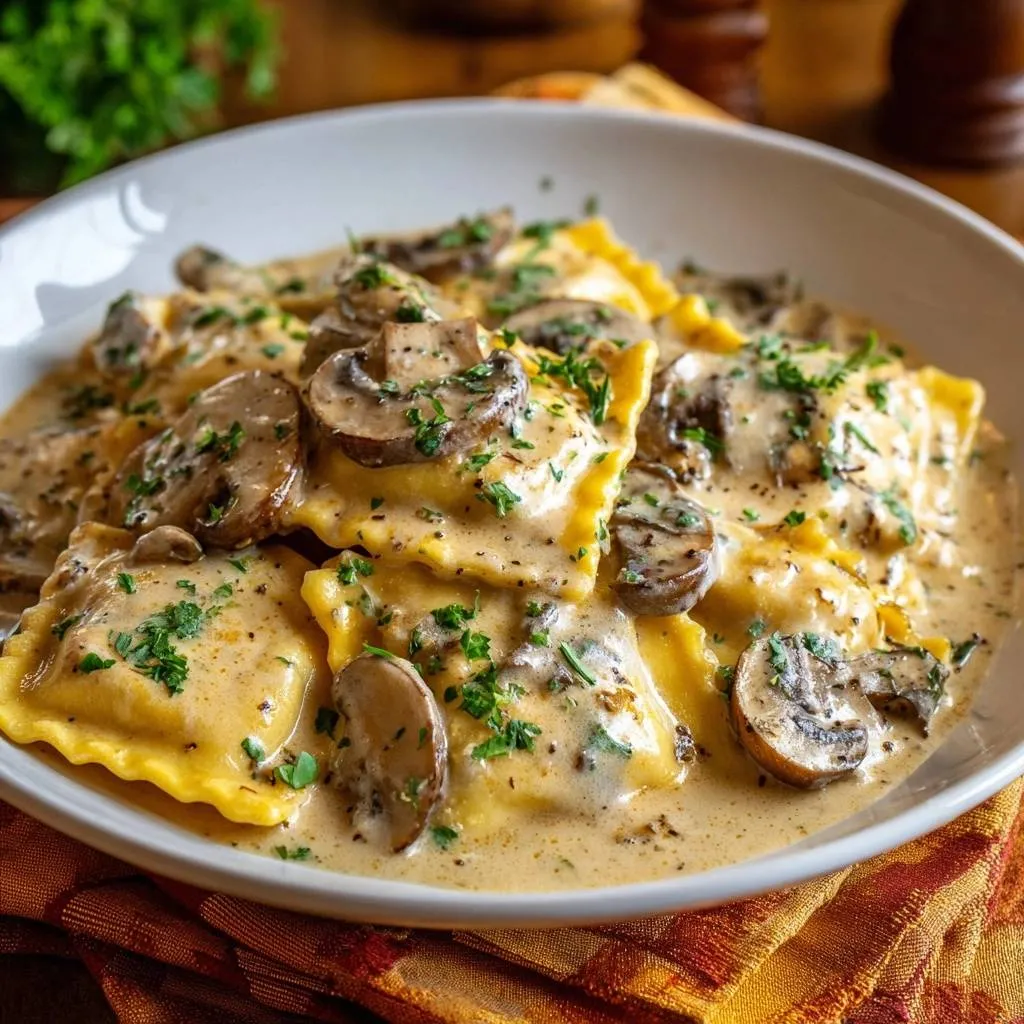 Creamy mushroom ravioli with a never-watery sauce served in a close-up view of a white bowl.