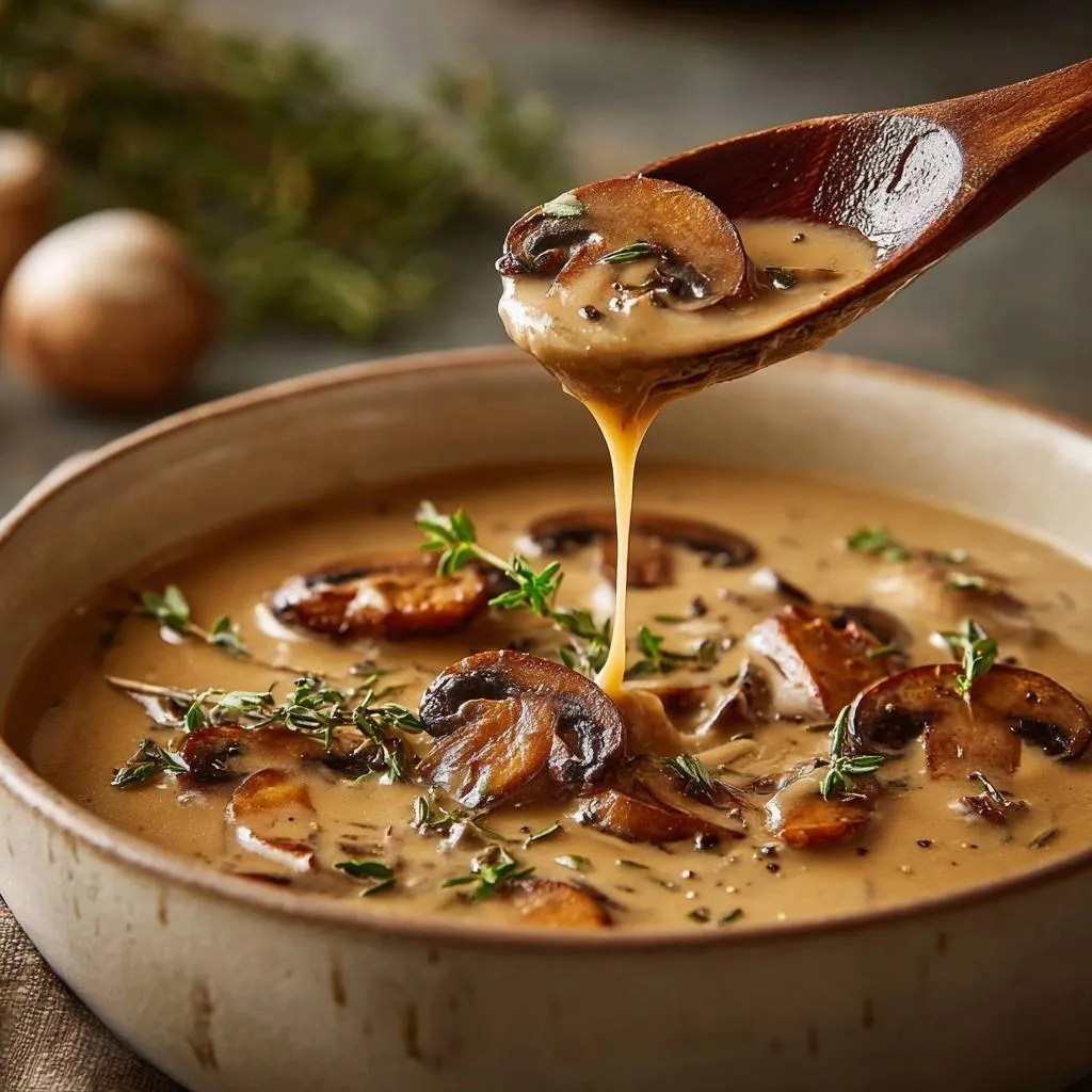 Creamy mushroom thyme soup with a spoonful being lifted, showing a rich, dripping broth and sliced mushrooms.