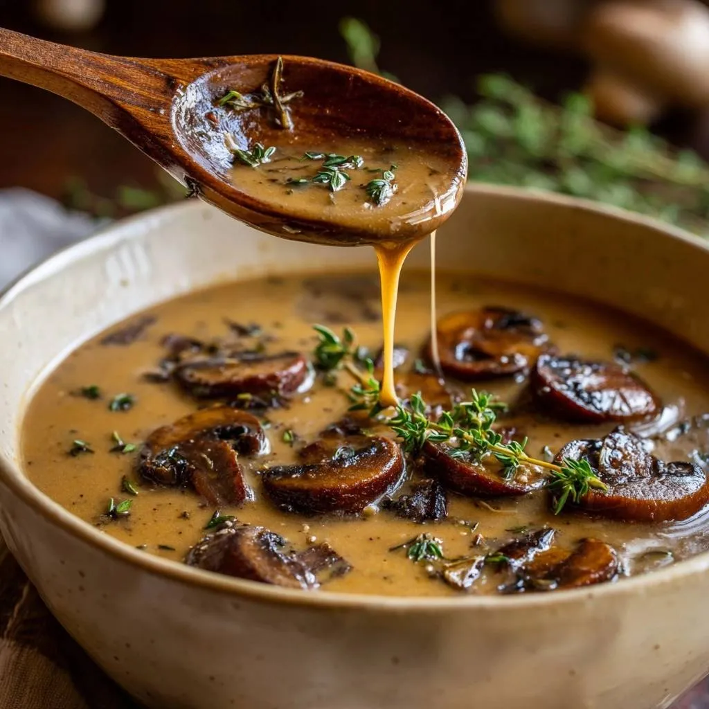 Creamy mushroom thyme soup with a spoonful of rich broth drizzling into the bowl, garnished with fresh thyme.