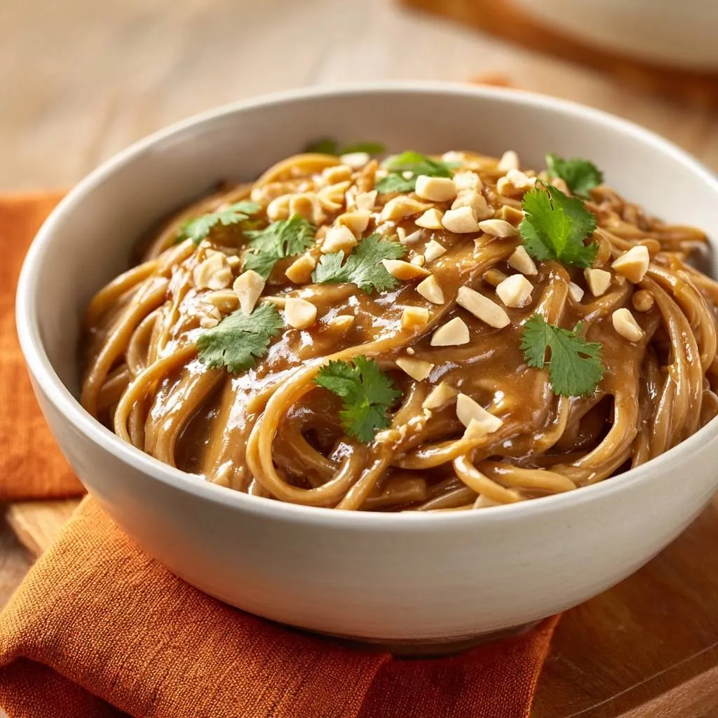 Creamy peanut noodles with a silky emulsified sauce, generously garnished with chopped peanuts and fresh cilantro.
