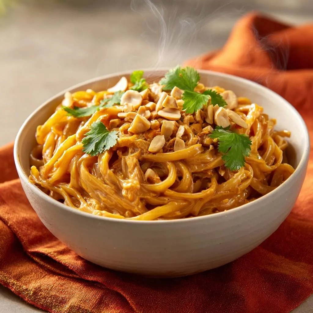 Creamy peanut noodles with silky sauce, shown in a close-up view with steam rising and garnished with peanuts and cilantro.