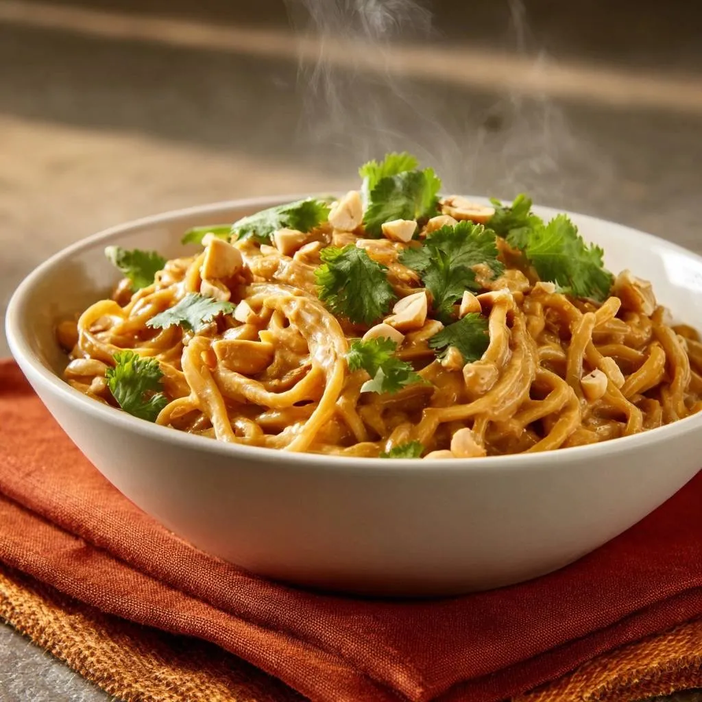 Creamy peanut noodles with silky sauce served steaming in a white bowl, garnished with cilantro and peanuts.