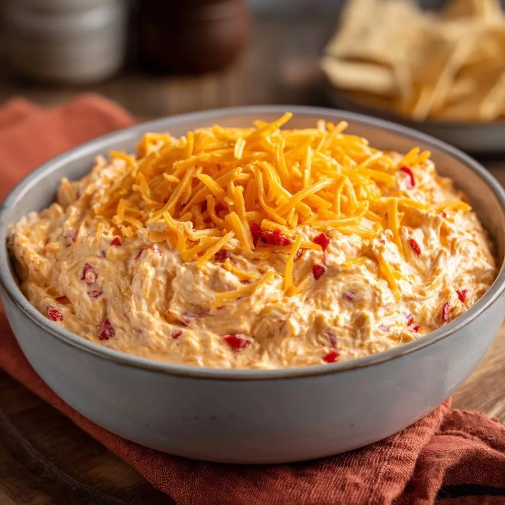 Creamy pimento cheese dip topped with shredded cheddar cheese in a light gray bowl.