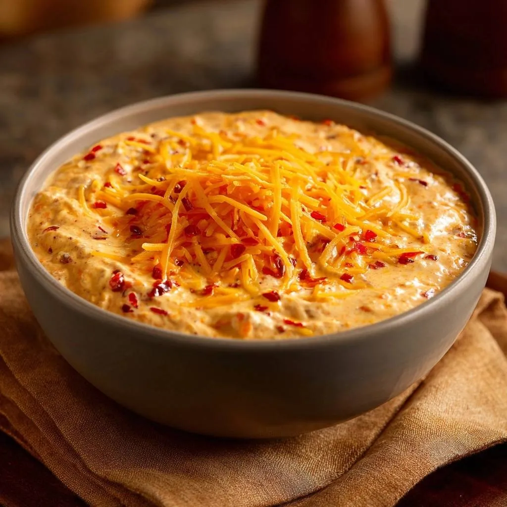 Creamy pimento cheese dip topped with shredded cheddar cheese and red pepper flakes in a gray bowl.