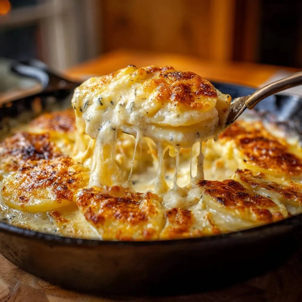 Creamy potatoes au gratin with a spoon lifting a serving showing melted, stringy cheese.