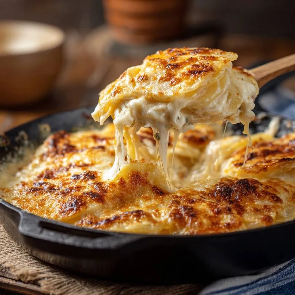 Creamy potatoes au gratin with a scoop showing a generous cheese pull from the golden crust.