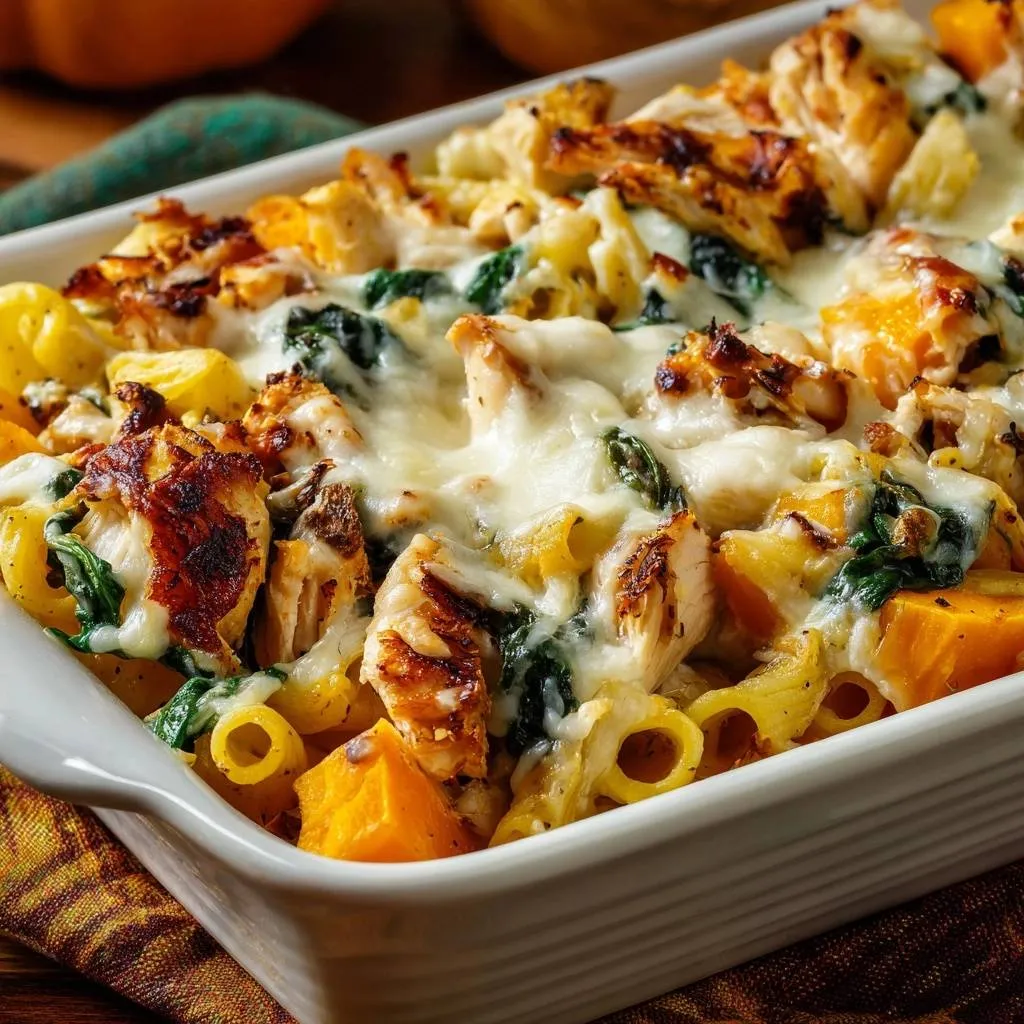 Creamy pumpkin chicken pasta bake close-up showing gooey melted cheese over pasta and chicken.