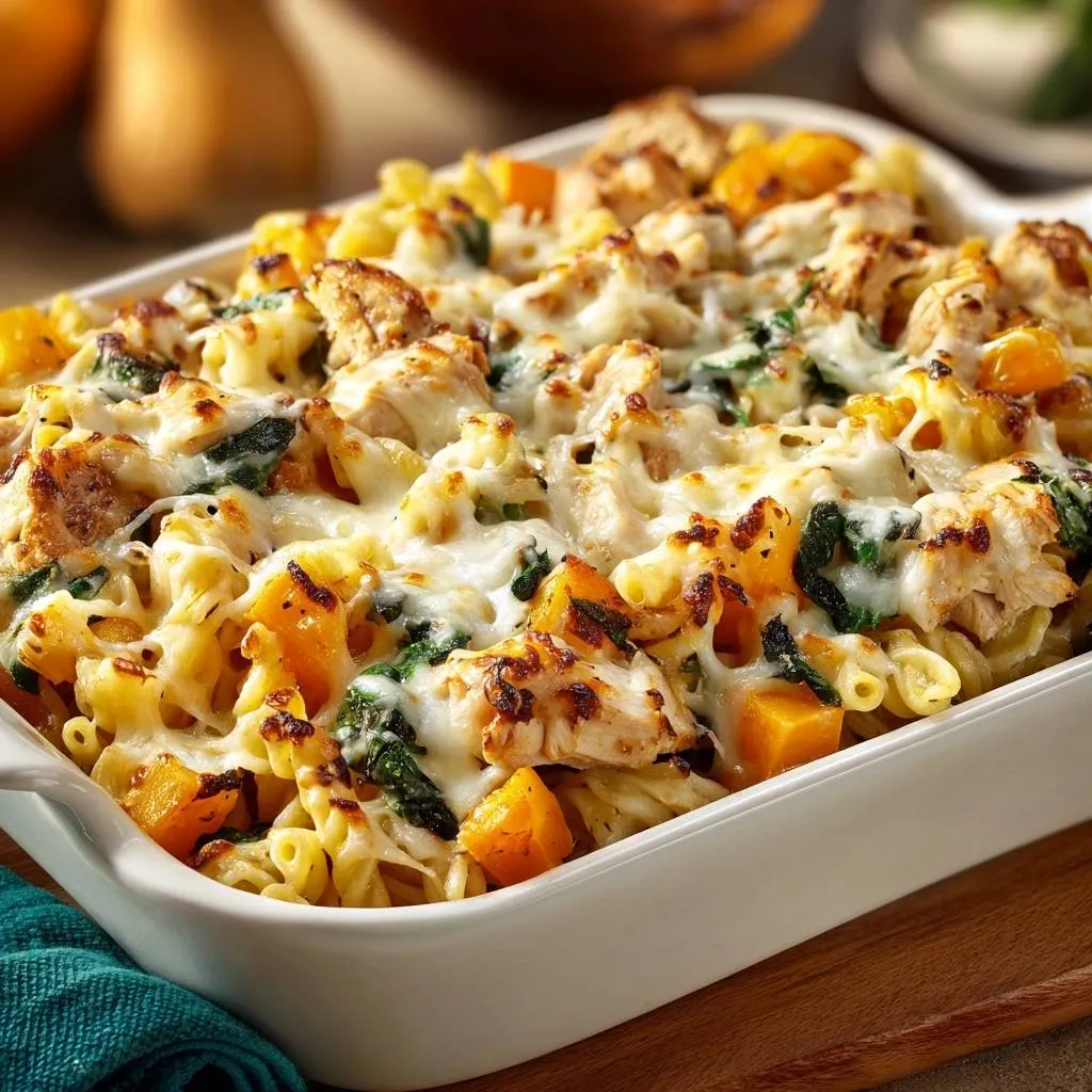 Creamy pumpkin chicken pasta bake shown close-up in a white baking dish with melted cheese.