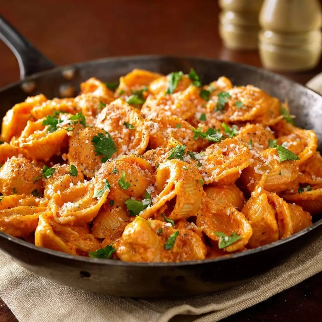 Creamy pumpkin tortellini with clingy sauce, served in a dark pan with fresh parsley and grated cheese.