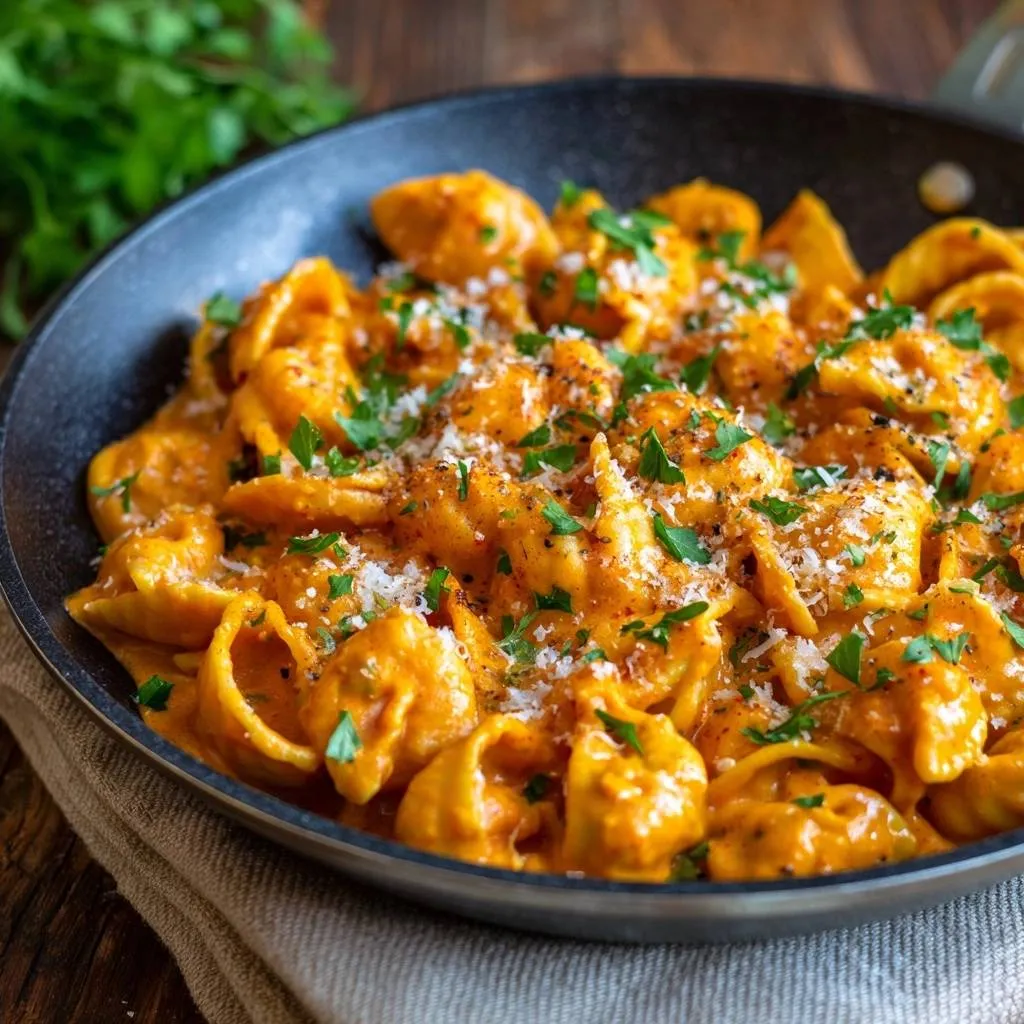 Creamy pumpkin tortellini with clingy sauce served in a black skillet, garnished with parsley and grated cheese.