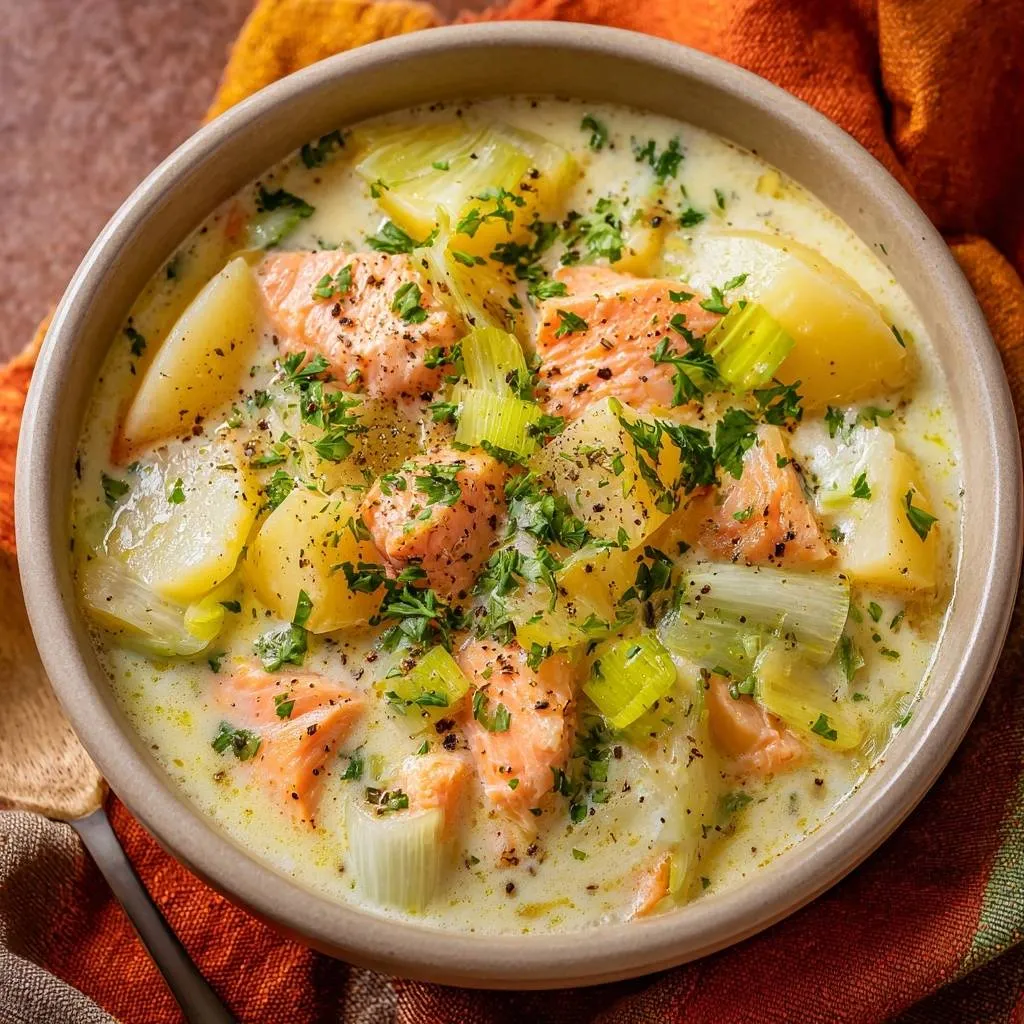 Creamy salmon potato leek chowder recipe shown in a close-up view, highlighting the chunks of salmon, potatoes, and leeks in a rich broth.