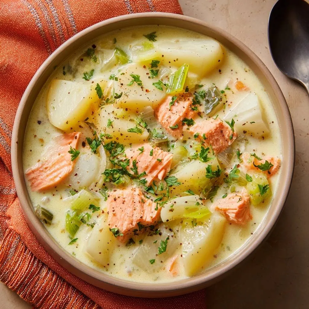 Creamy Salmon Potato Leek Chowder Recipe - recipe image