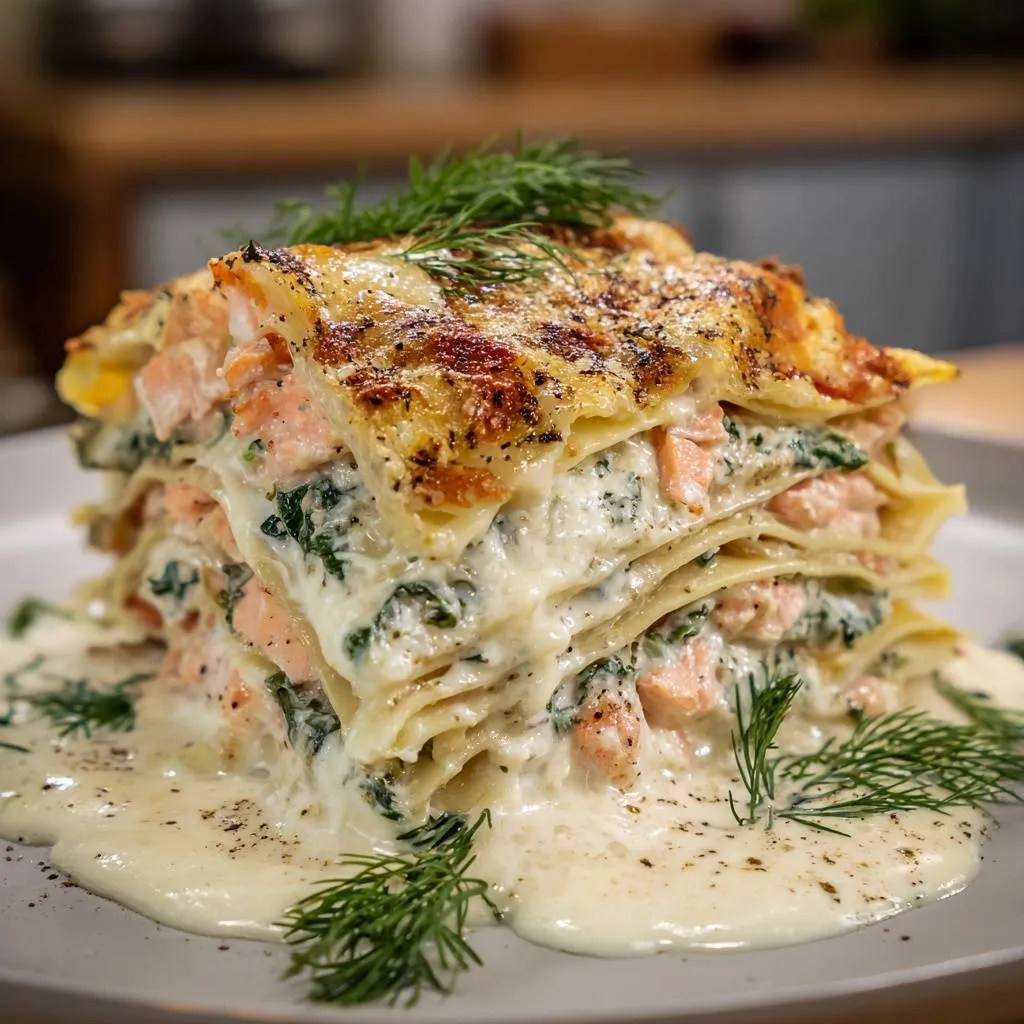 Creamy salmon spinach lasagna is shown in a close-up layered cross-section with creamy sauce and fresh dill garnish.