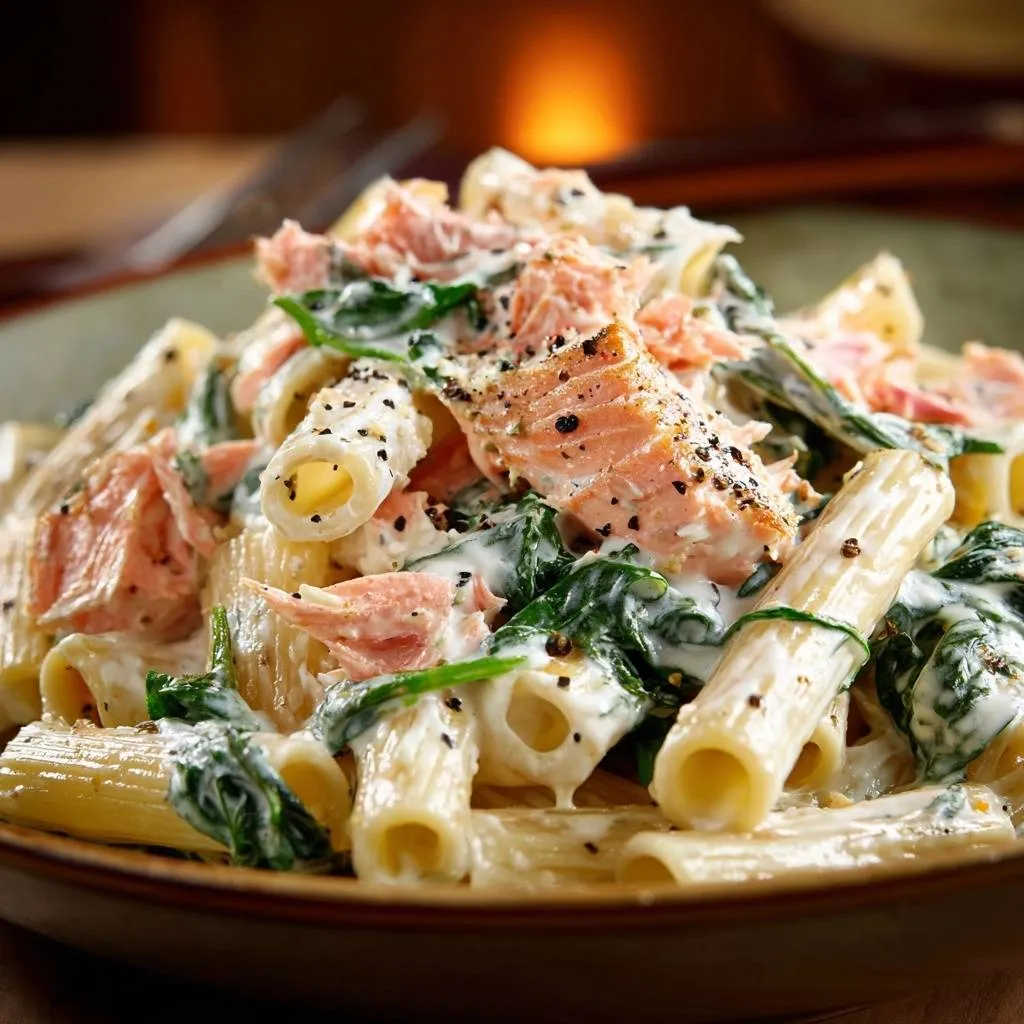 Creamy salmon spinach rigatoni recipe shown in a close-up view highlighting the pasta tubes filled with sauce and salmon.