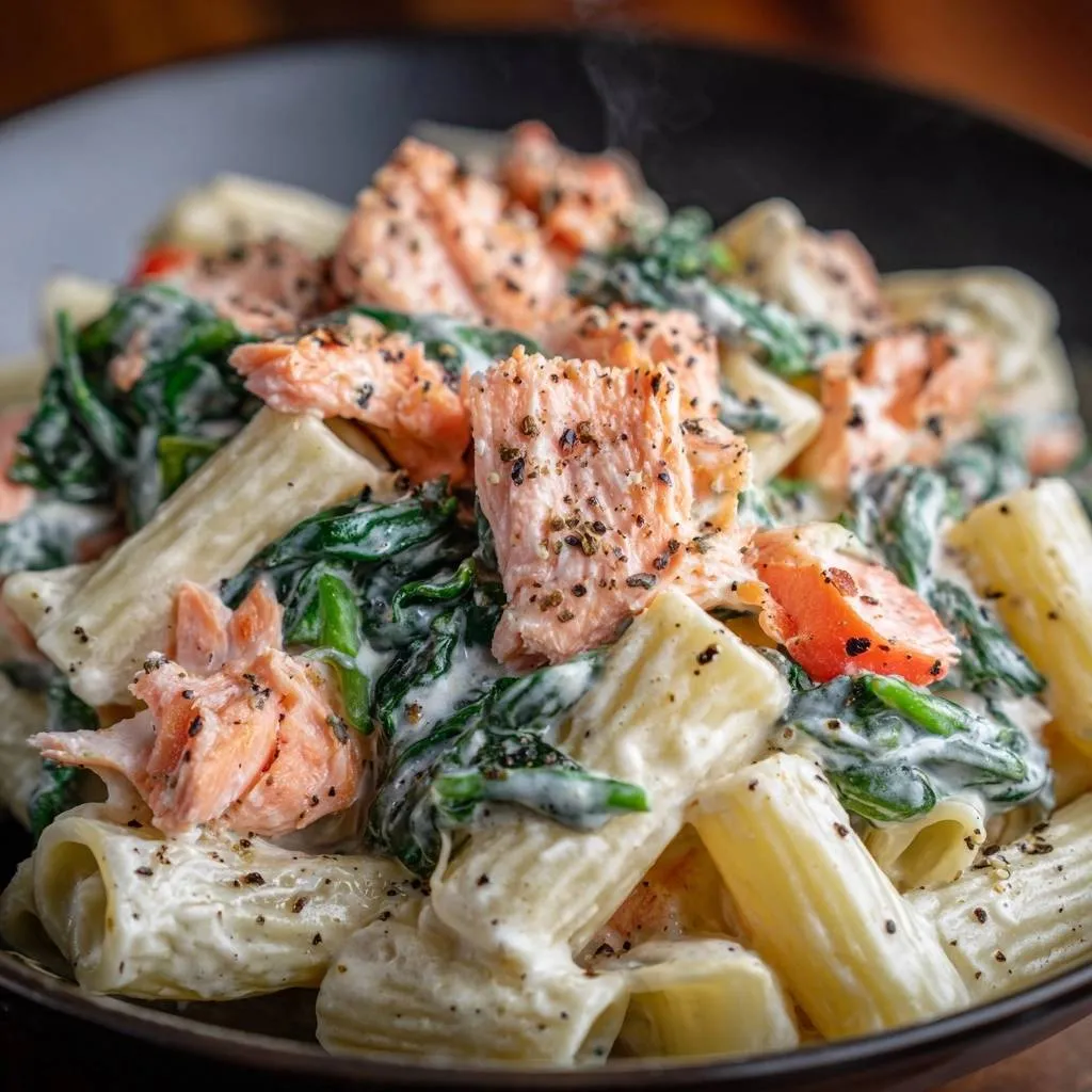 Creamy salmon spinach rigatoni with visible steam rising from the rich pasta and flaked salmon.
