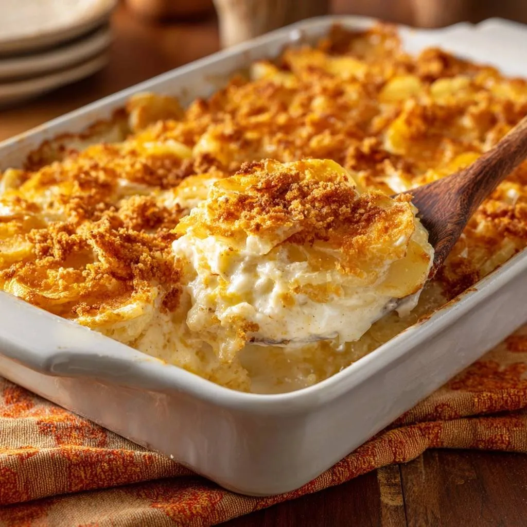 Creamy scalloped potatoes with a crispy topping being served with a wooden spoon, showing the layers.