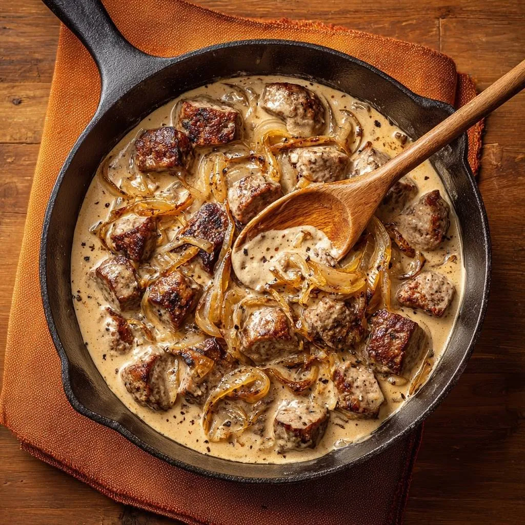 Creamy skillet beef tips with onions served in a rustic cast-iron pan with a wooden spoon.