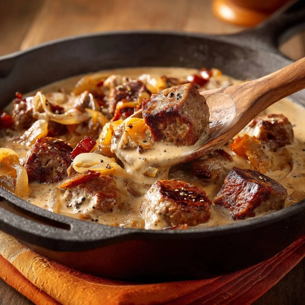 Creamy skillet beef tips with onions being lifted by a wooden spoon, showcasing the rich sauce and tender meat.