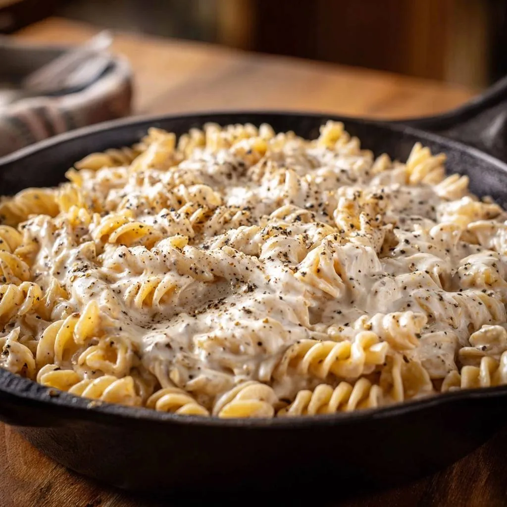 Creamy skillet fusilli with silky smooth sauce, showcasing the creamy sauce and fusilli pasta texture with black pepper garnish.