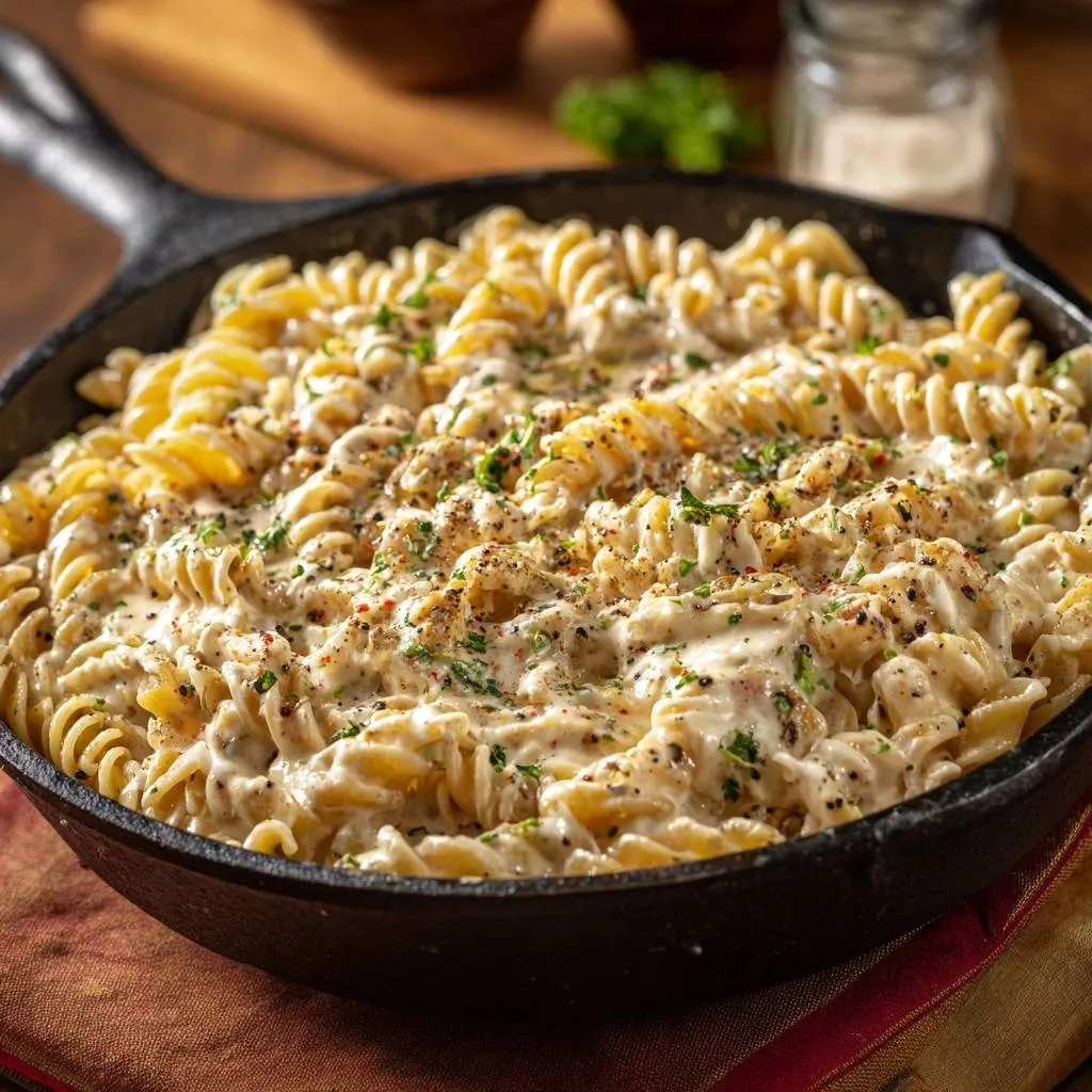 Creamy skillet fusilli with silky smooth sauce served directly in a cast iron pan, garnished with herbs.