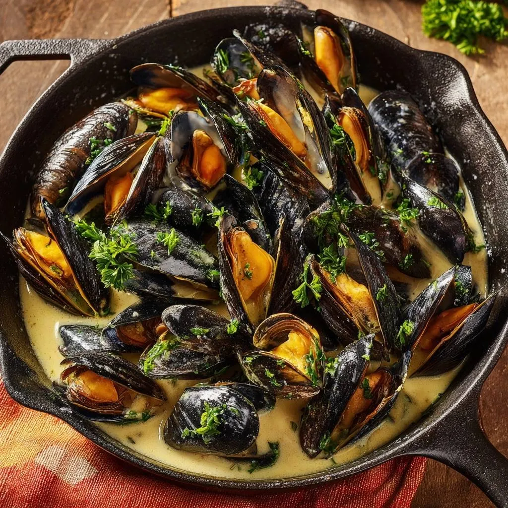 Creamy skillet mussels shown in a cast-iron pan with a rich sauce and fresh parsley garnish.