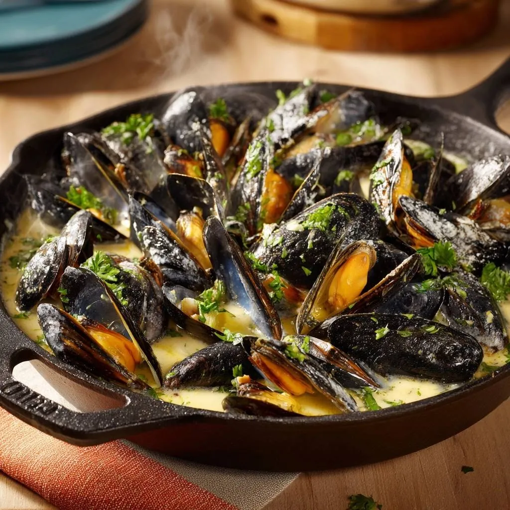 Creamy skillet mussels steaming in a cast-iron pan, garnished with fresh parsley, showcasing the rich sauce.