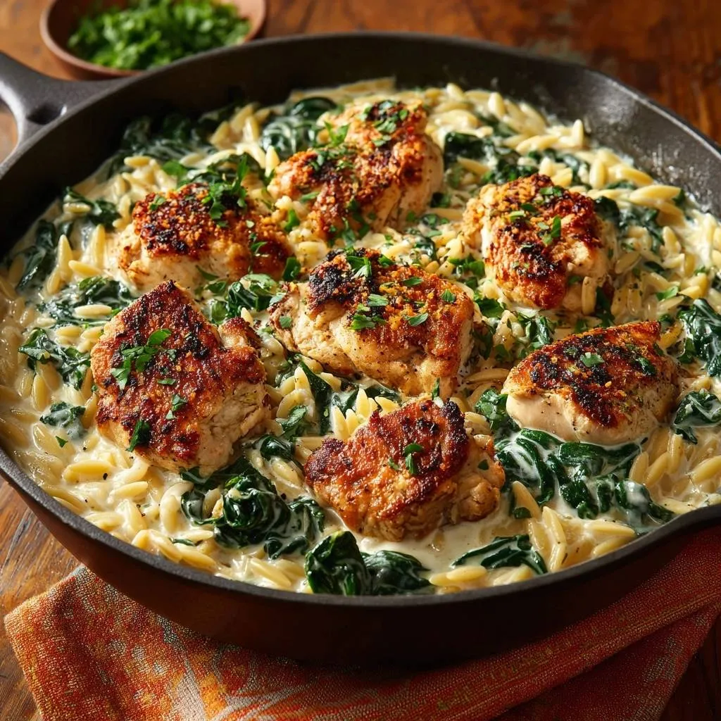 Creamy spinach chicken orzo skillet overhead view, featuring golden-brown chicken pieces nestled in a creamy sauce with orzo pasta and wilted spinach.