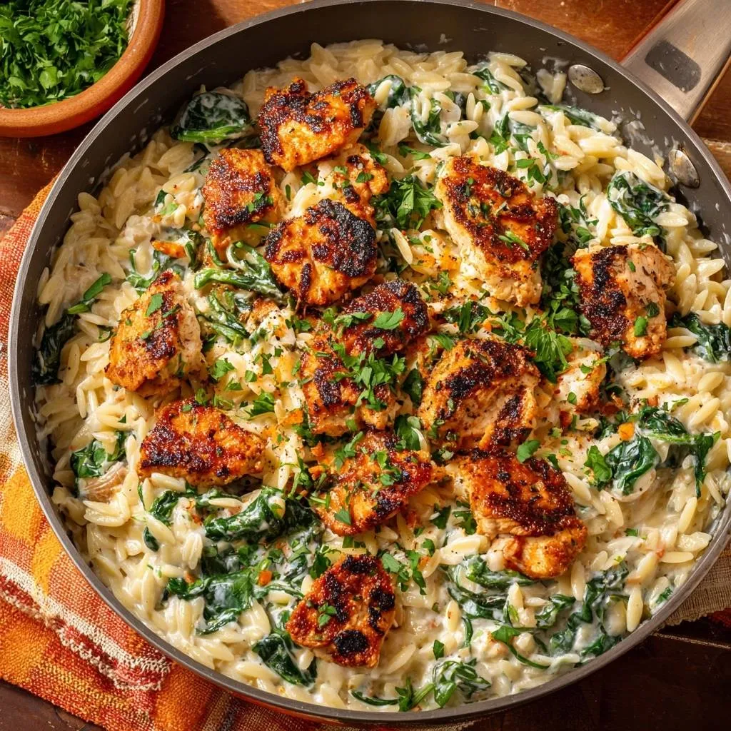 Creamy spinach chicken orzo skillet shown from an overhead perspective, featuring tender chicken pieces and fresh parsley garnish.