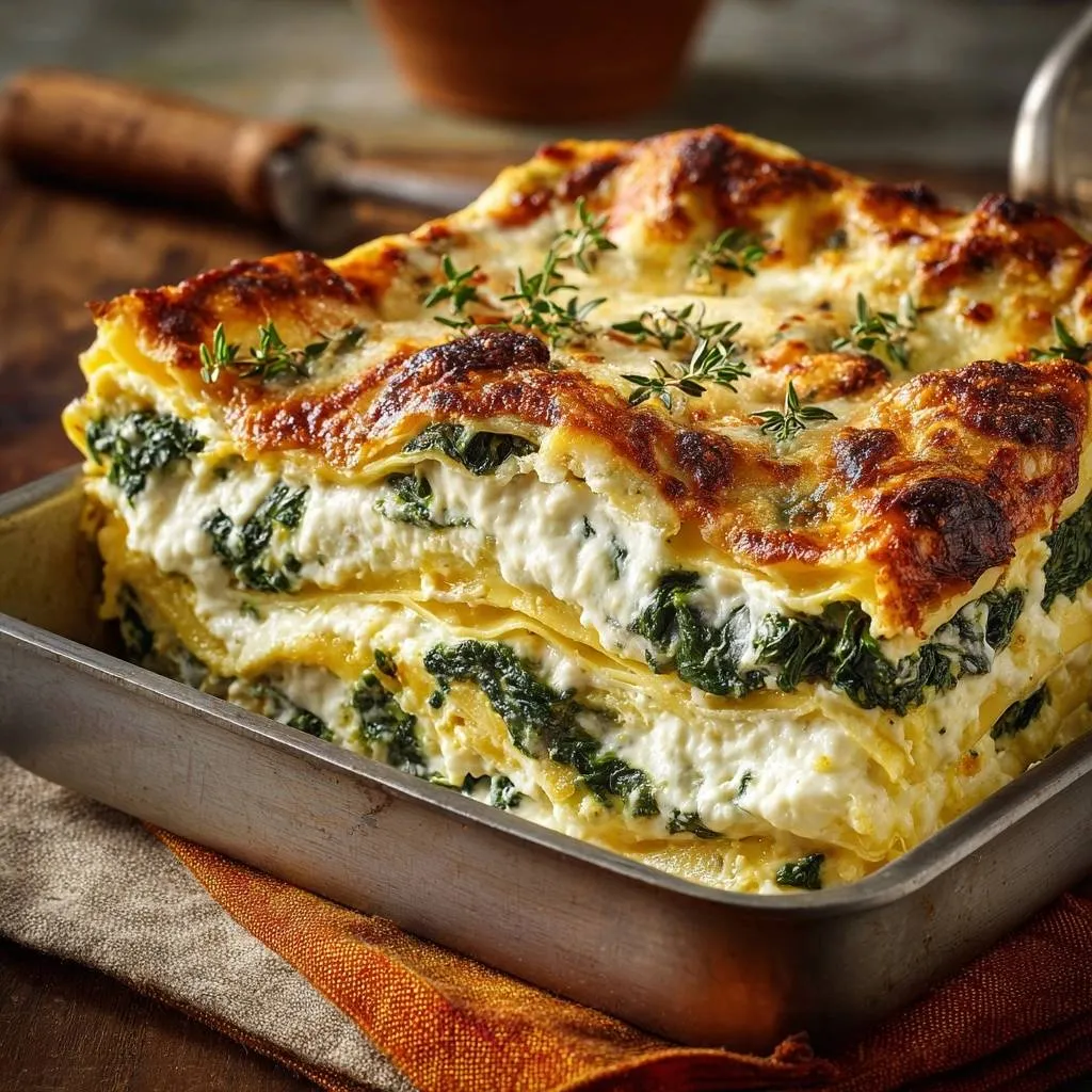 Creamy spinach lasagna without watery layers shown as a close-up interior slice with layers of pasta, cheese, and spinach.