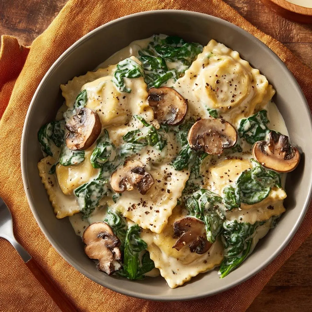 Creamy spinach mushroom ravioli served in a bowl, showcasing a close-up view of the rich sauce and tender pasta.