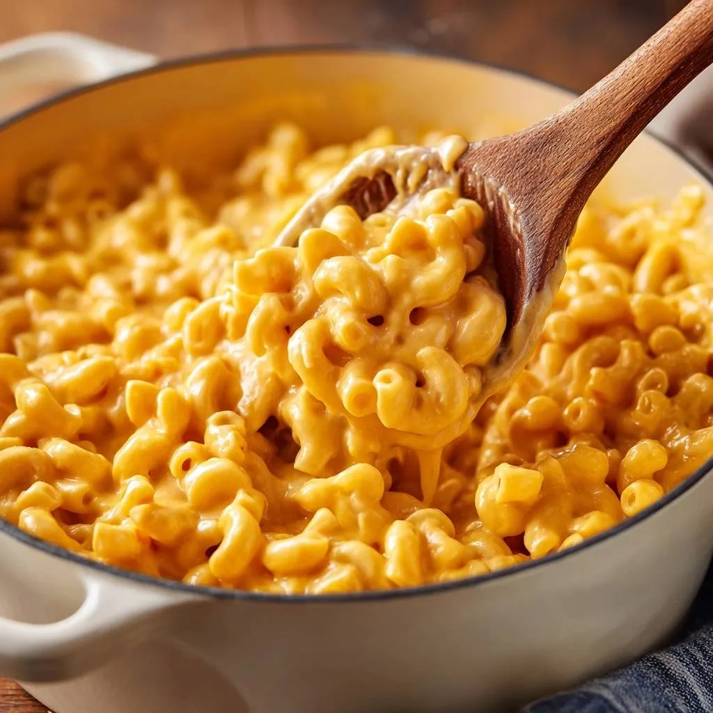 Creamy stovetop mac and cheese without grainy texture, with a wooden spoon lifting a cheesy portion.