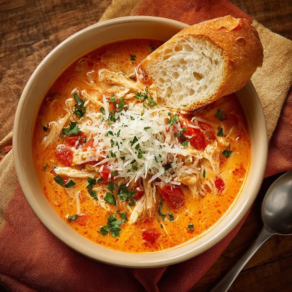 Creamy tomato chicken soup in a bowl, topped with shredded cheese and a slice of crusty bread.