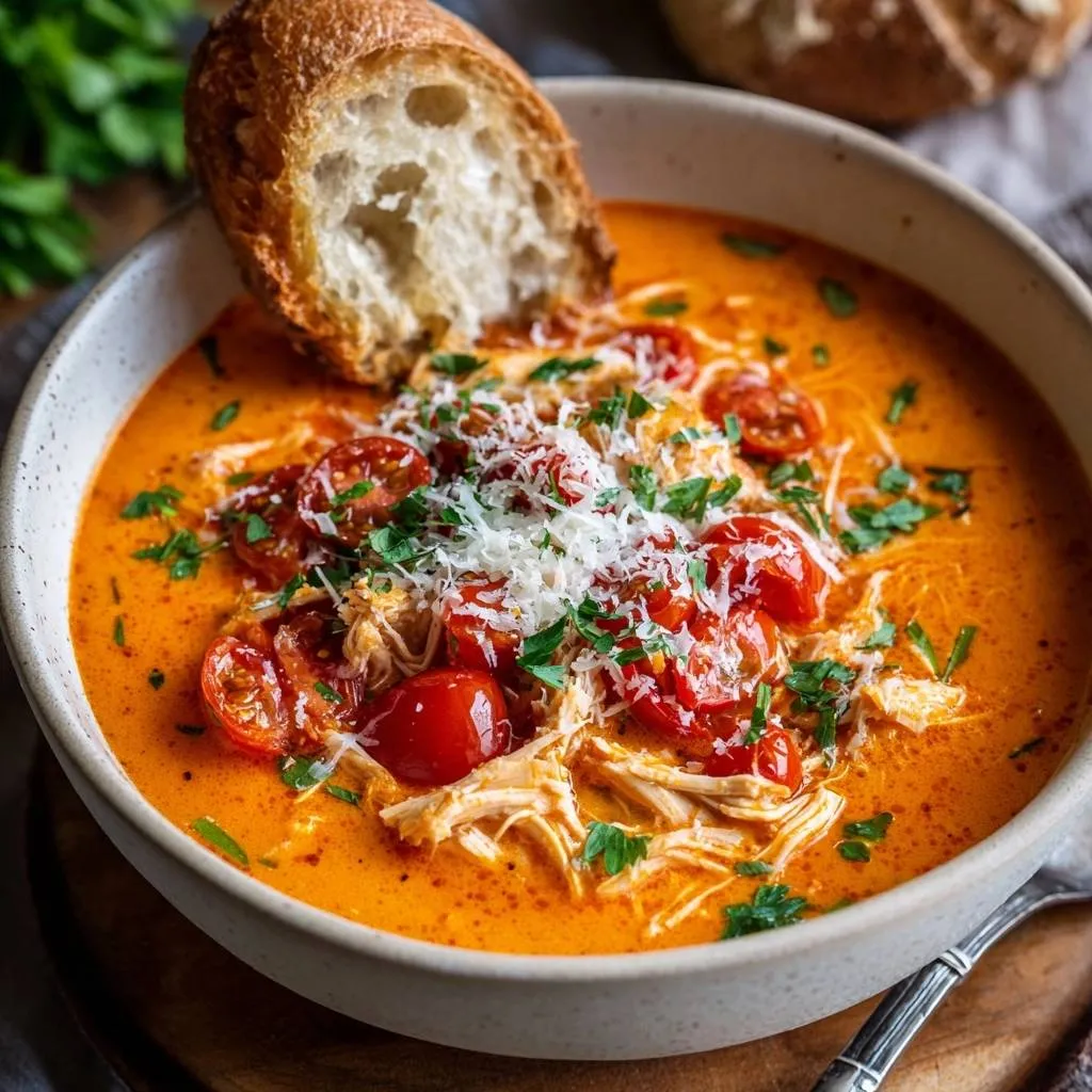 Creamy tomato chicken soup shown in a bowl, topped with cherry tomatoes, shredded chicken, and grated Parmesan cheese.