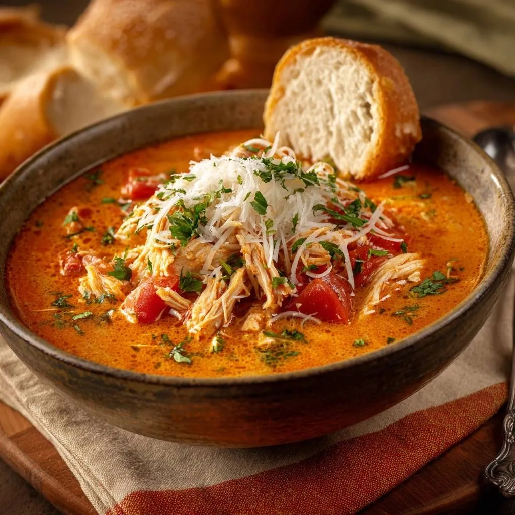 Creamy tomato chicken soup close-up showing shredded chicken, diced tomatoes, and a generous garnish of grated cheese and parsley.