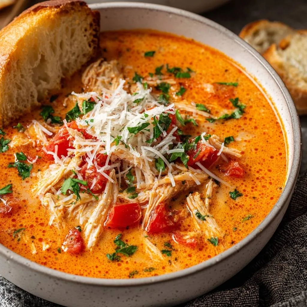 Creamy tomato chicken soup garnished with shredded cheese and parsley in a bowl with crusty bread.