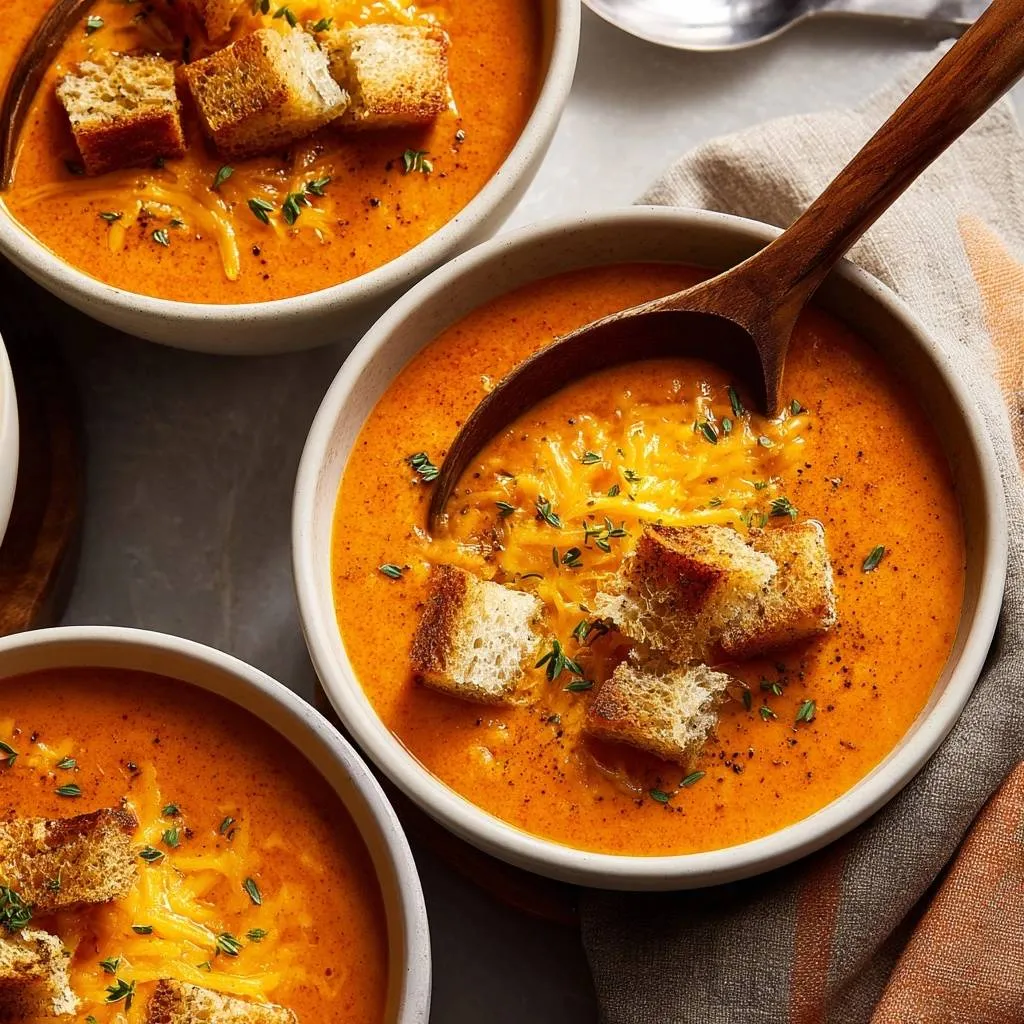 Creamy tomato soup with ultra-crisp croutons served in white bowls, garnished with cheese and herbs.
