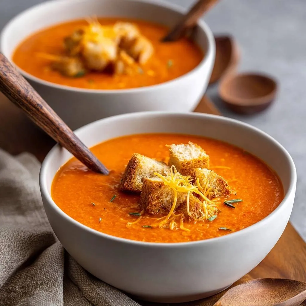 Creamy tomato soup with ultra-crisp croutons and shredded cheese garnish in a white bowl.