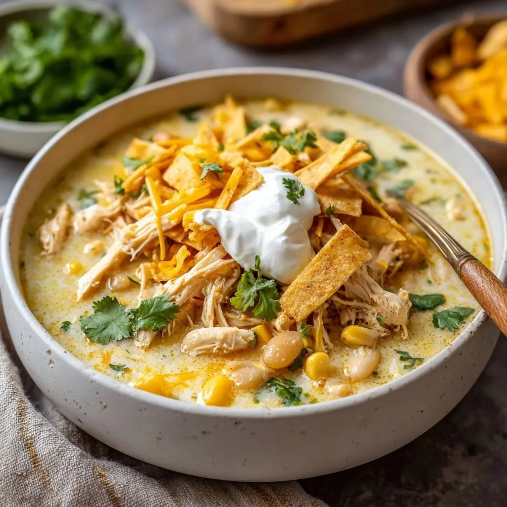 Creamy white chicken chili served in a bowl, topped with tortilla strips, shredded cheese, and a dollop of sour cream.