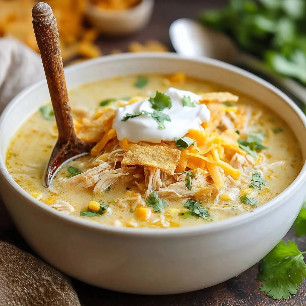 Creamy white chicken chili with a wooden spoon scooping a hearty portion, topped with sour cream and tortilla strips.