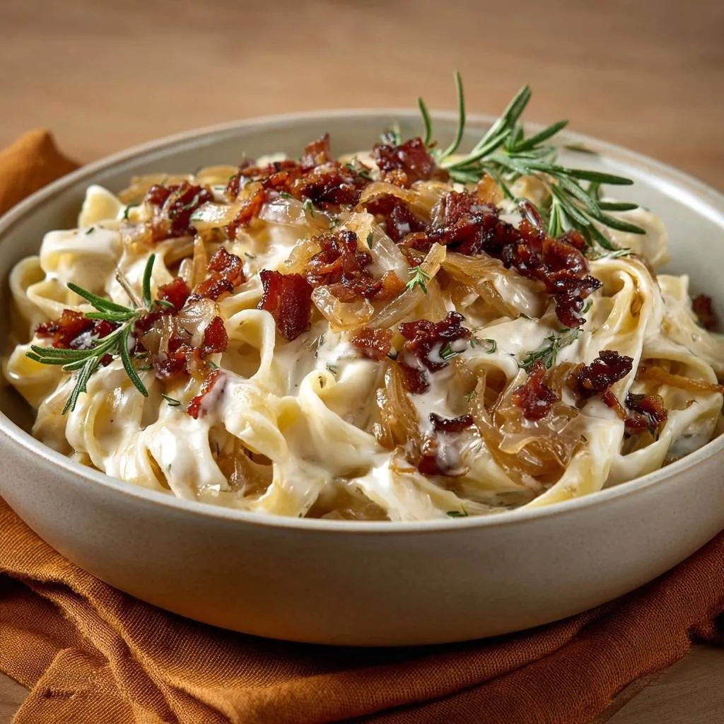 Crispy bacon caramelized onion fettuccine served in a bowl, with a close-up view of the rosemary garnish and toppings.