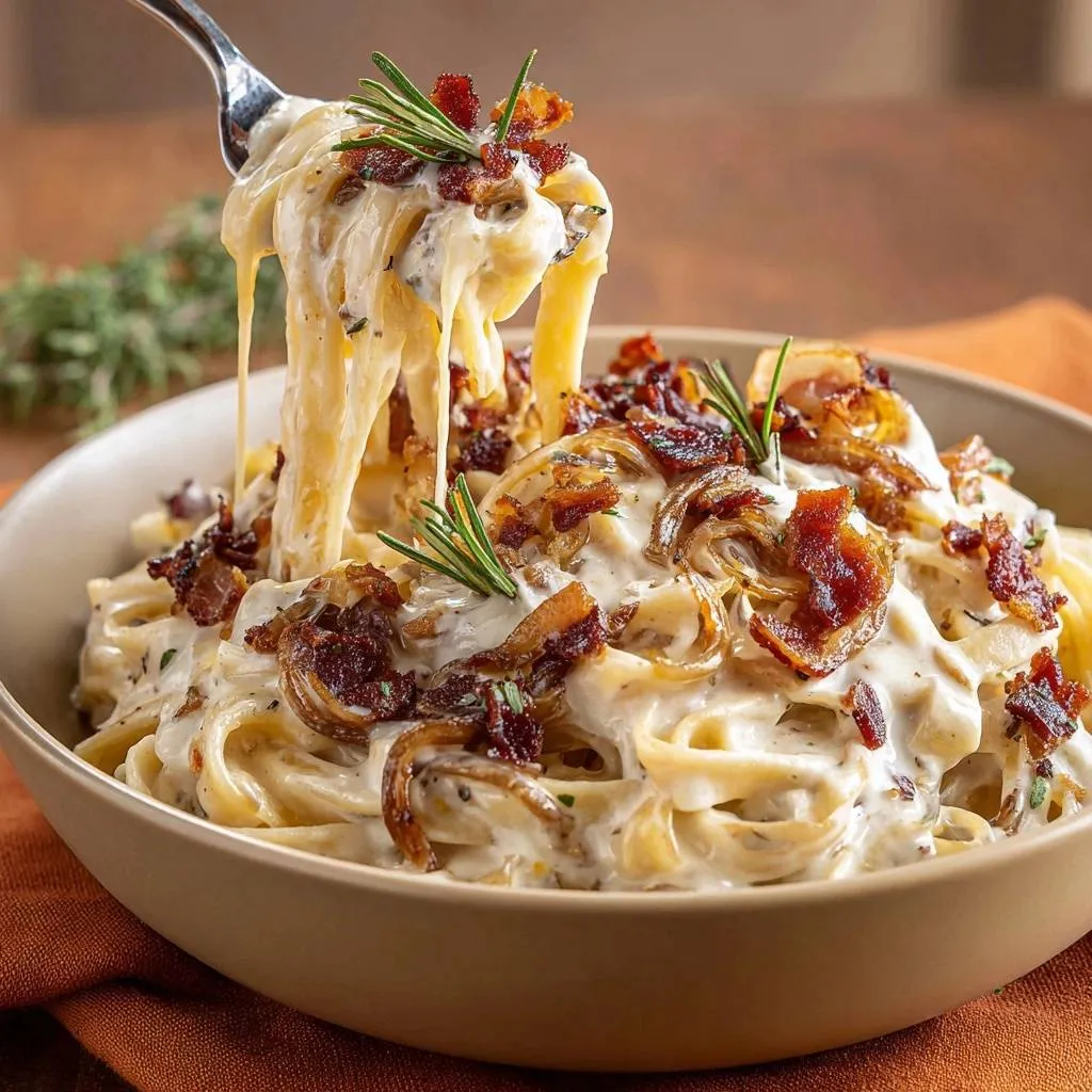 Crispy bacon caramelized onion fettuccine being lifted from a bowl with a fork, showcasing its creamy sauce.
